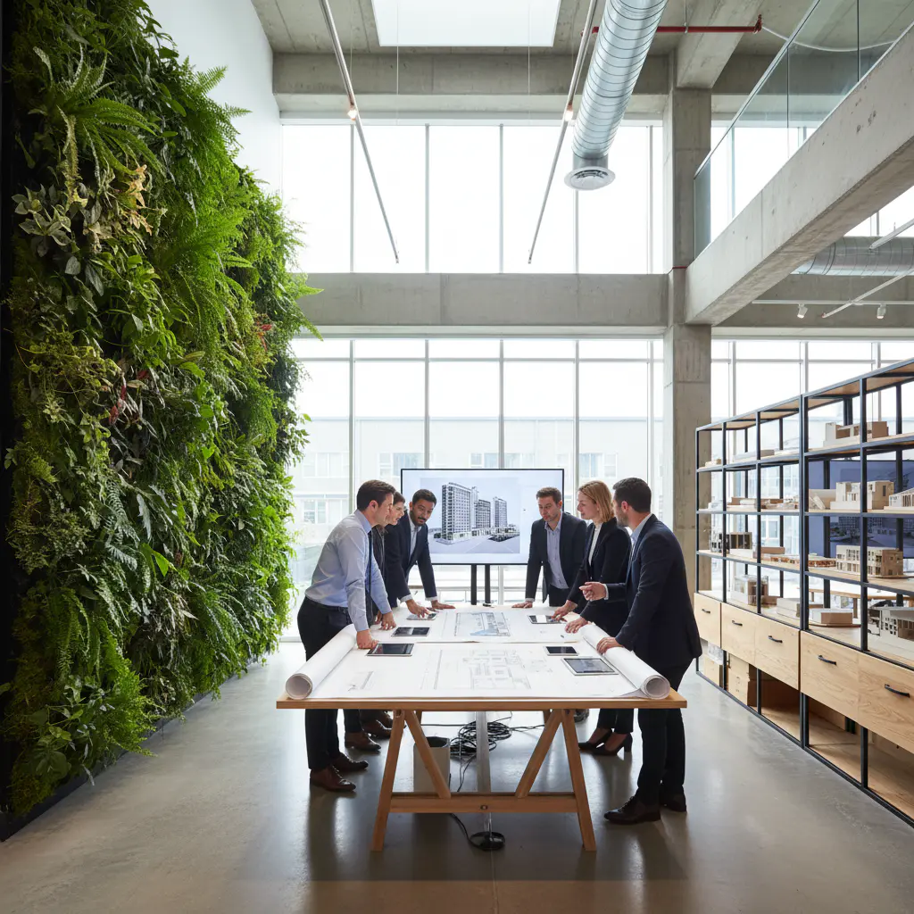 Architectural design studio team near green wall