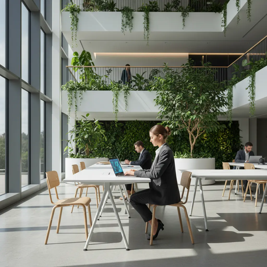 Person typing on a laptop in a sunlit green office