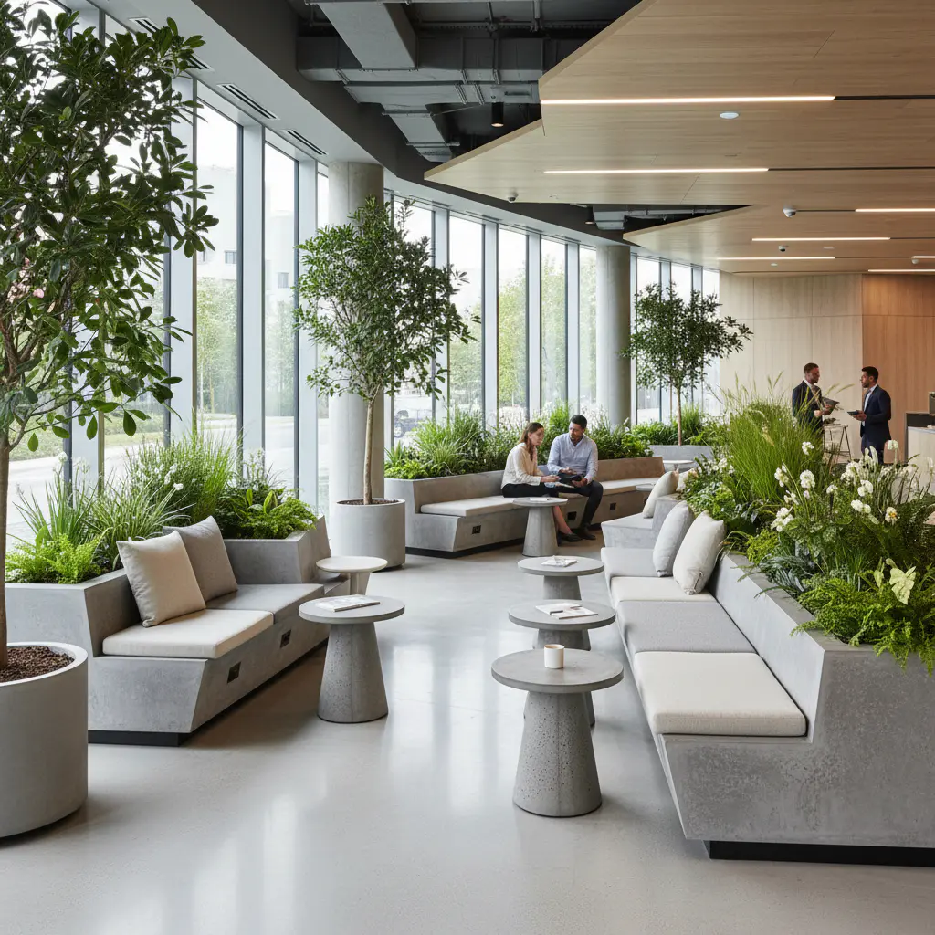 Corporate lounge with biophilic planters