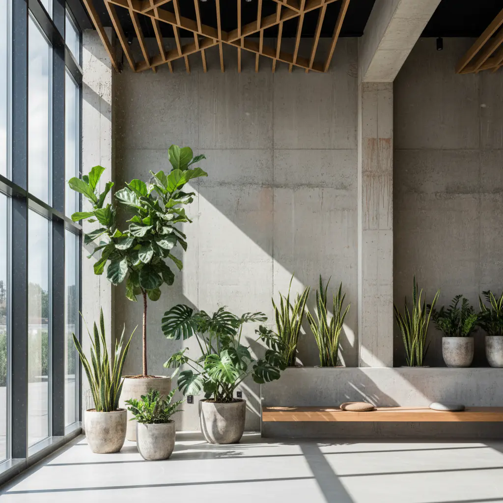 Large indoor plants against concrete