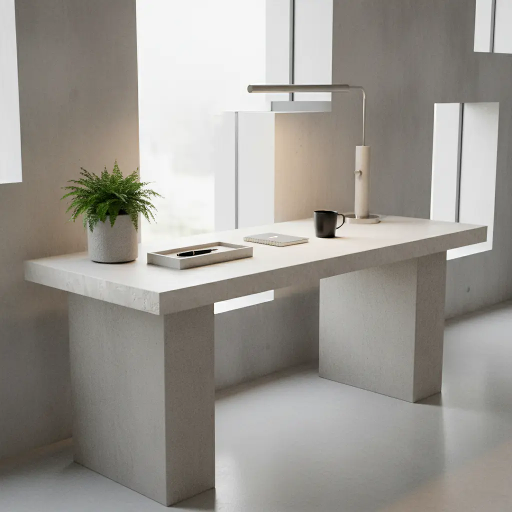 Minimalist workspace desk with potted fern
