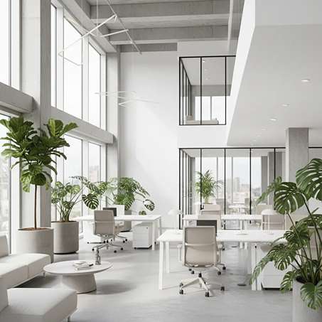 Modern bright office interior with large indoor plants
